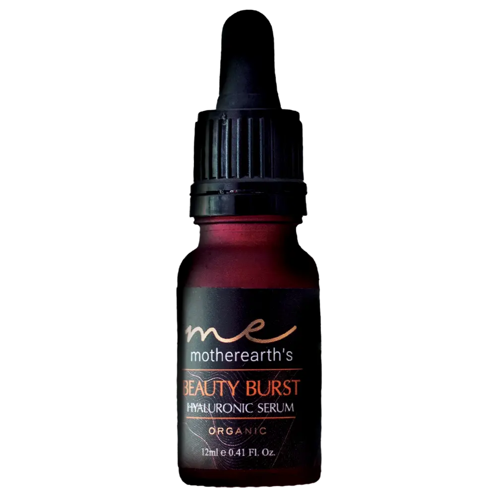 Front view of MotherEarth's Beauty Burst Hyaluronic Serum Bottle.