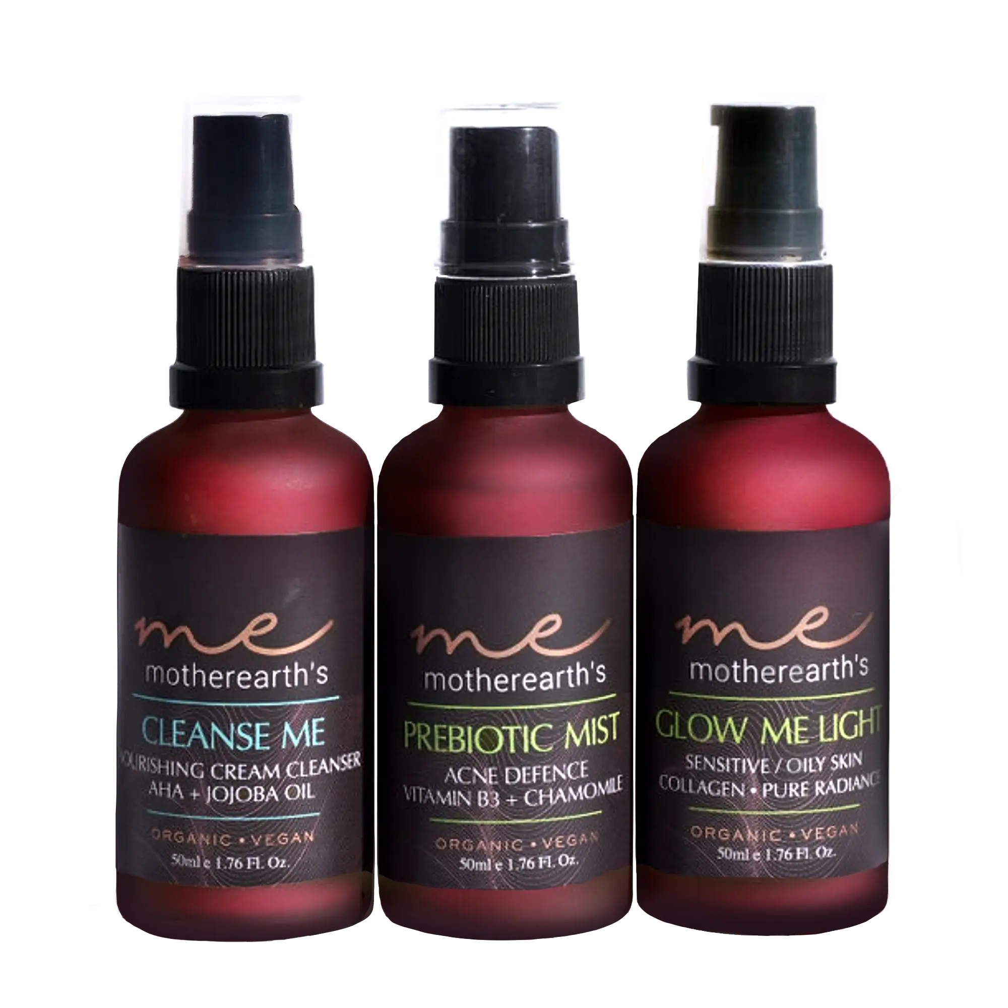 MotherEarth's Beauty Sensitive Skin Routine displayed with 3 bottles, Cleanse Me, Prebiotic Mist and Glow Me Light