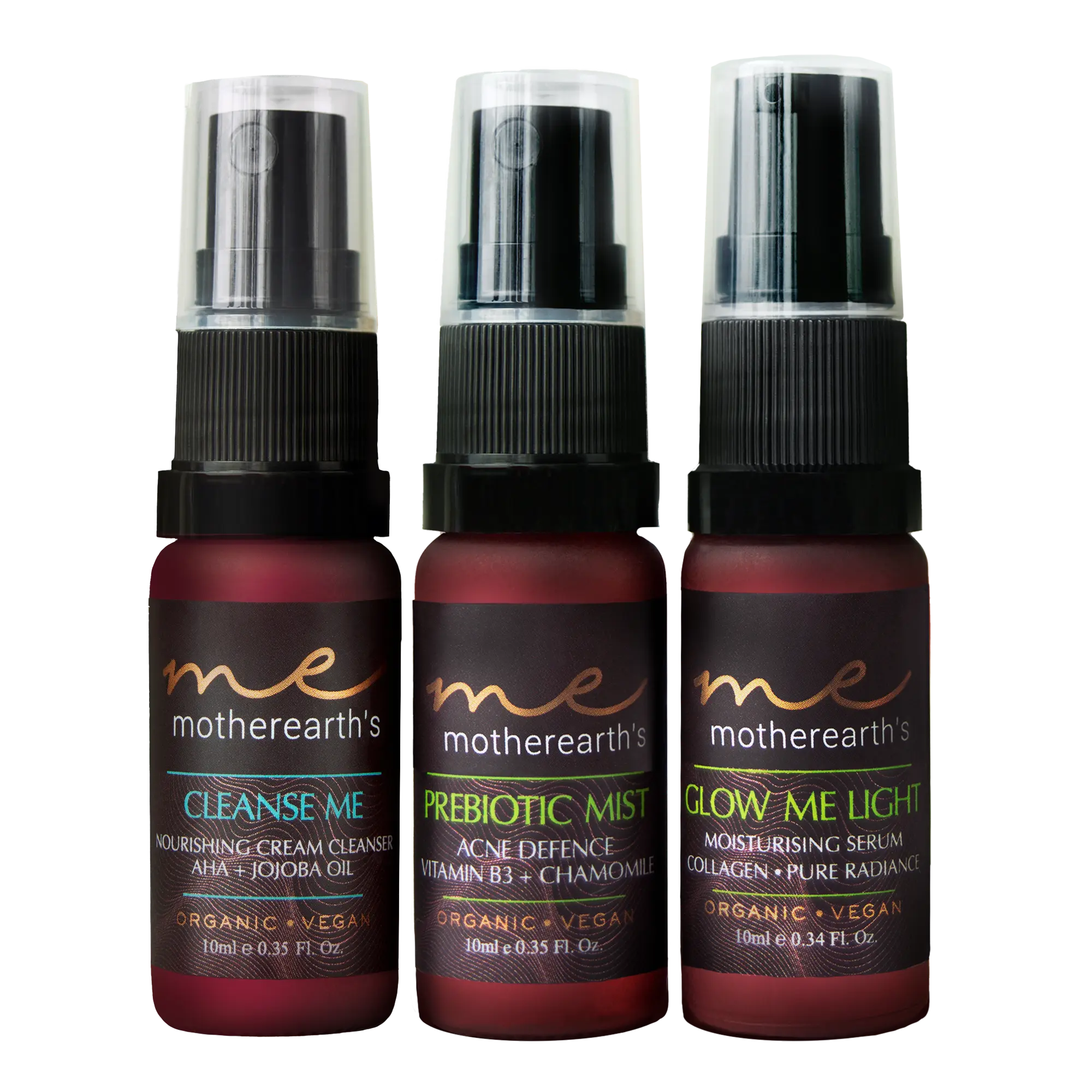 3 10ml bottles of MotherEarth's Sensitive Skin Routine, Cleanse Me, Prebiotic Mist and Glow Me Light
